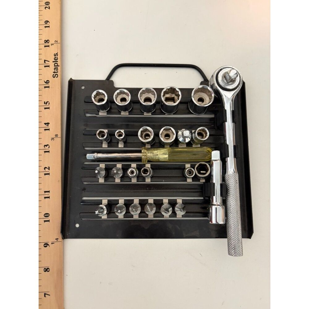 vtg multi piece socket and ratchet tool set with metal storage rail
